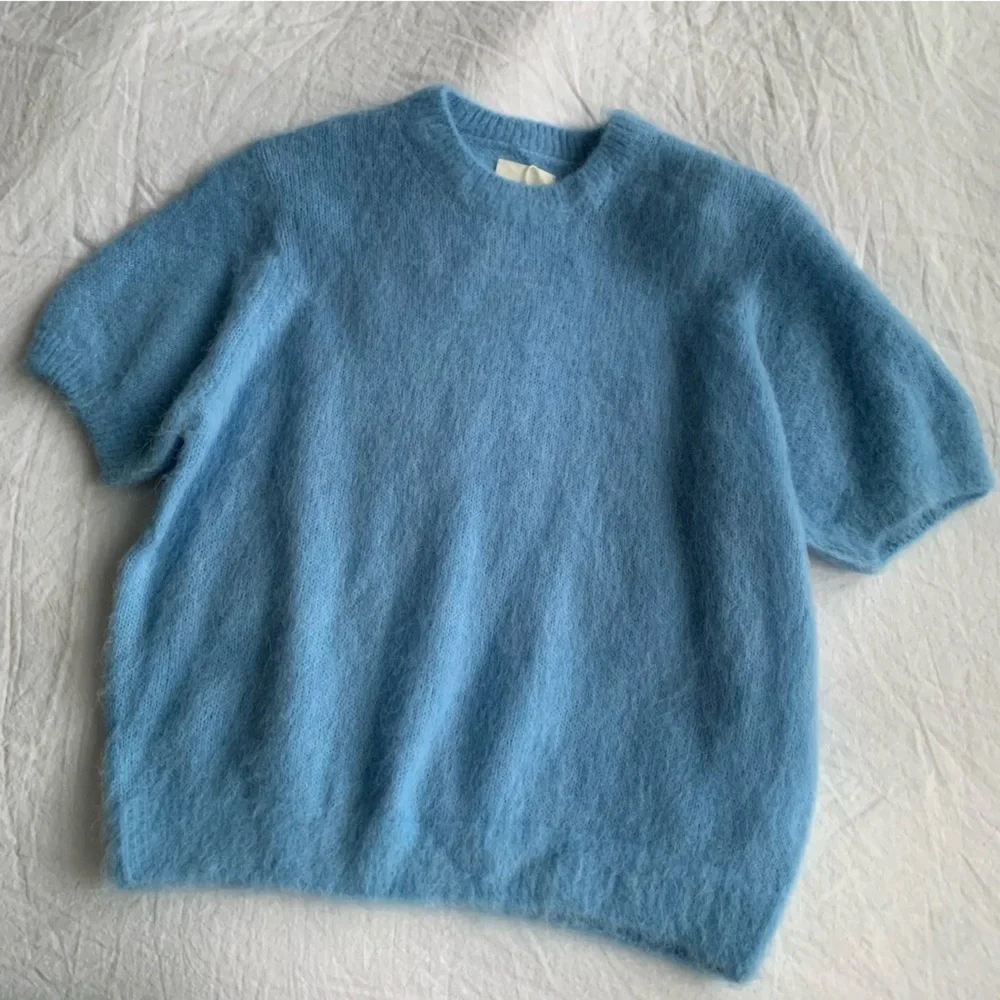 NWT Doen Hearst Alpaca Wool Brushed Puff Short Sleeve Sweater Top Seashore Blue